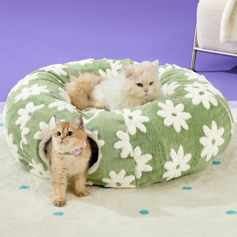 2-in-1 Cat Tunnel Bed Green Daisy 80 cm - Plush Donut Pet Cave & Play Tube