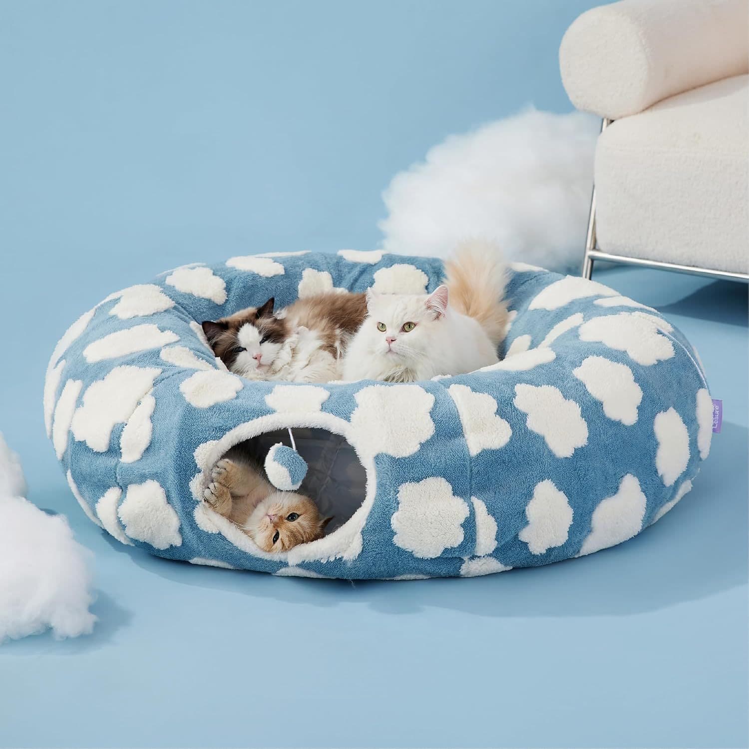 2-in-1 Cat Tunnel Bed Blue Daisy 80 cm - Plush Donut Pet Cave & Play Tube