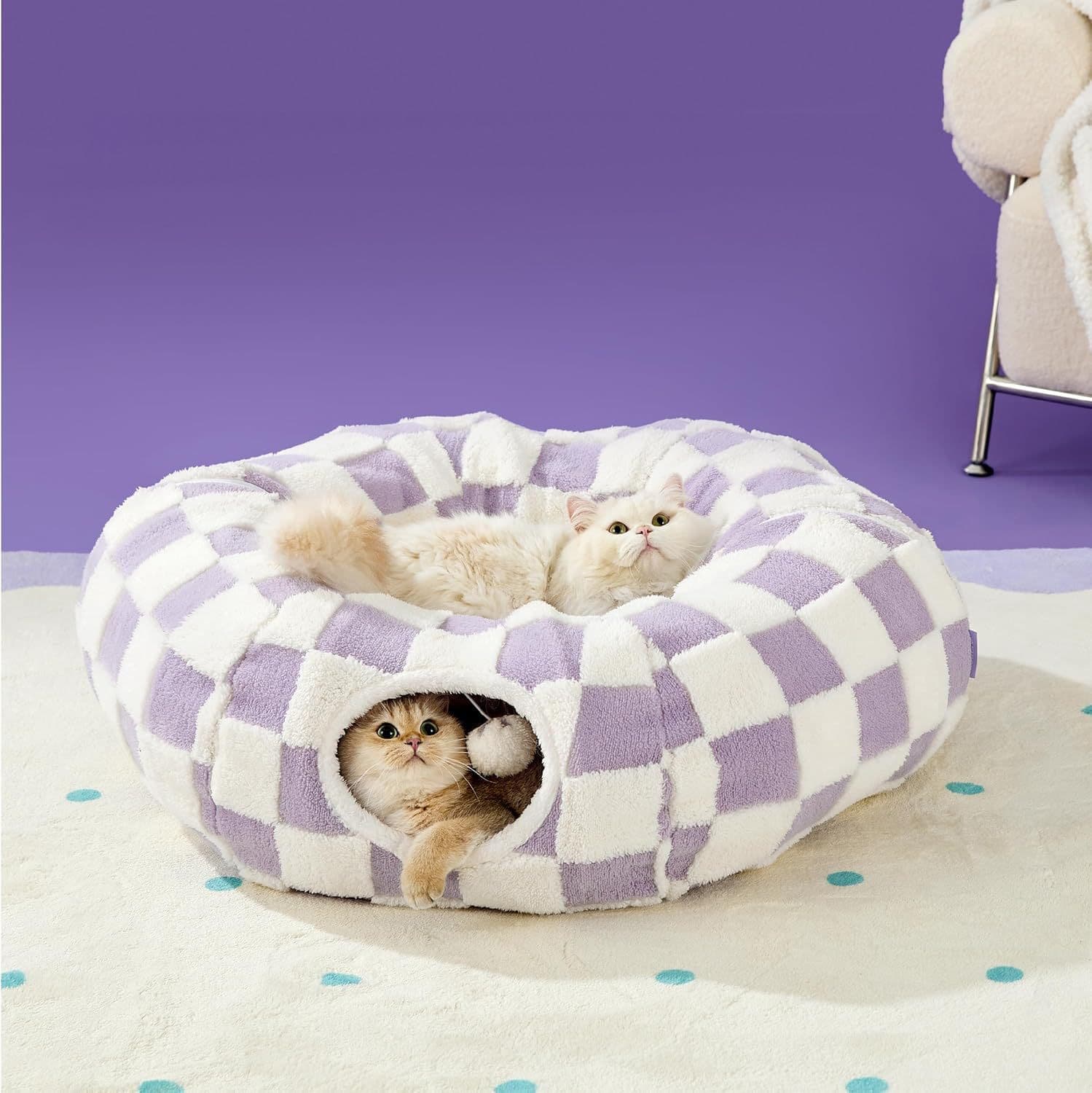 2-in-1 Cat Tunnel Bed Purple Daisy 80 cm - Plush Donut Pet Cave & Play Tube
