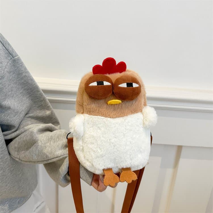Plush Chicken Crossbody Bag - Soft Faux Fur Mobile Phone Pouch - Quirky
