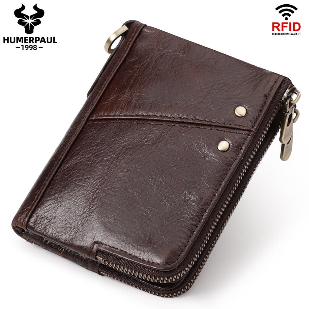 Genuine Leather Men's Wallet Double Zipper - RFID Blocking Bifold Card