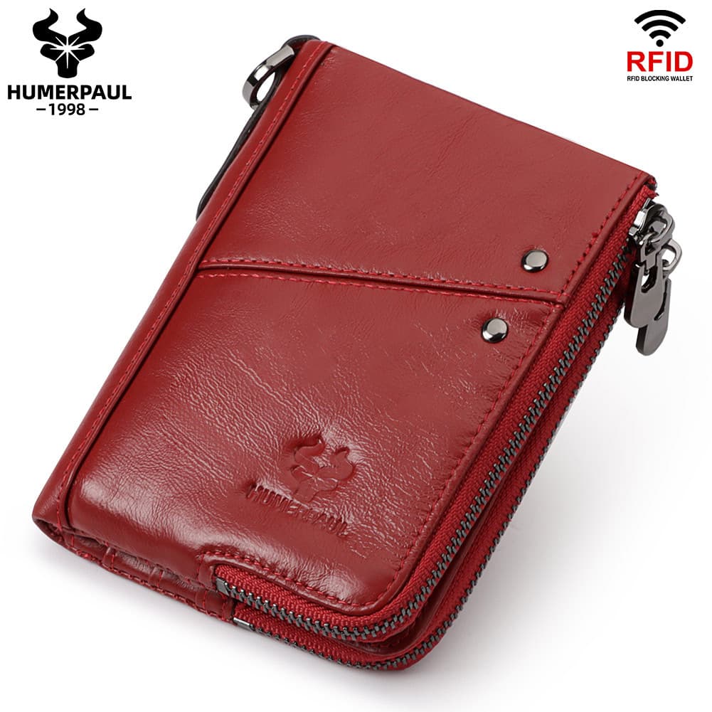 Genuine Leather Double Zipper Wallet - Red RFID Blocking - Red - 13 cm