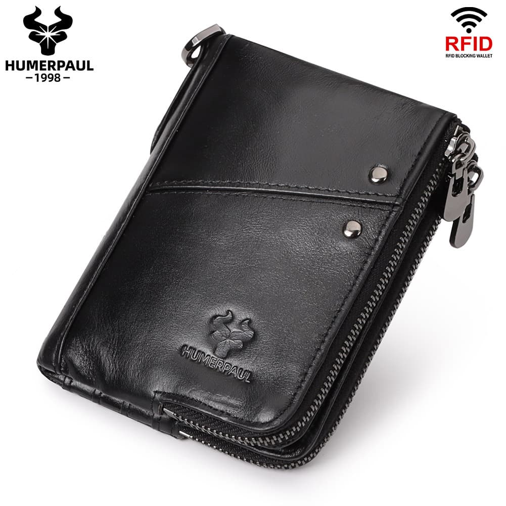 Genuine Leather Double Zipper Wallet - Black RFID Blocking - Black - 13 cm