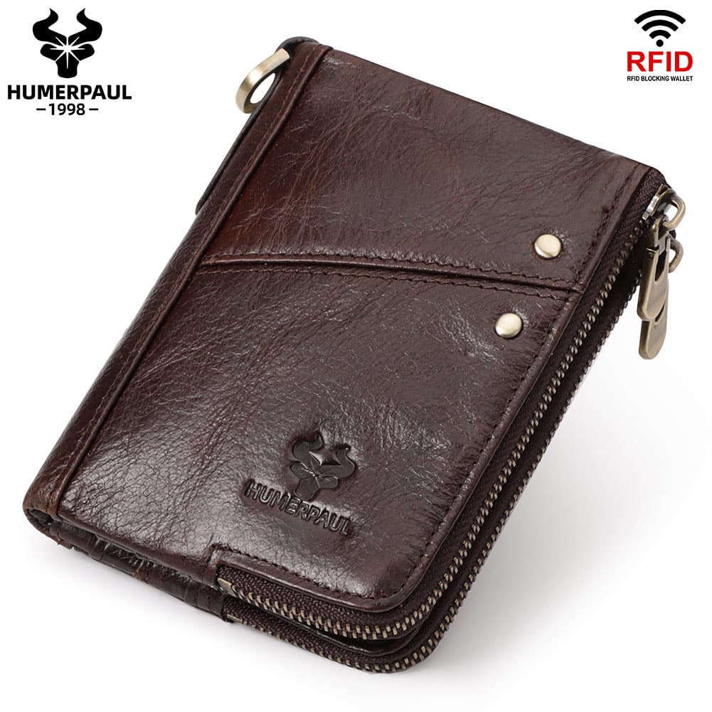 Genuine Leather Double Zipper Wallet - Brown RFID Blocking - Brown - 13 cm