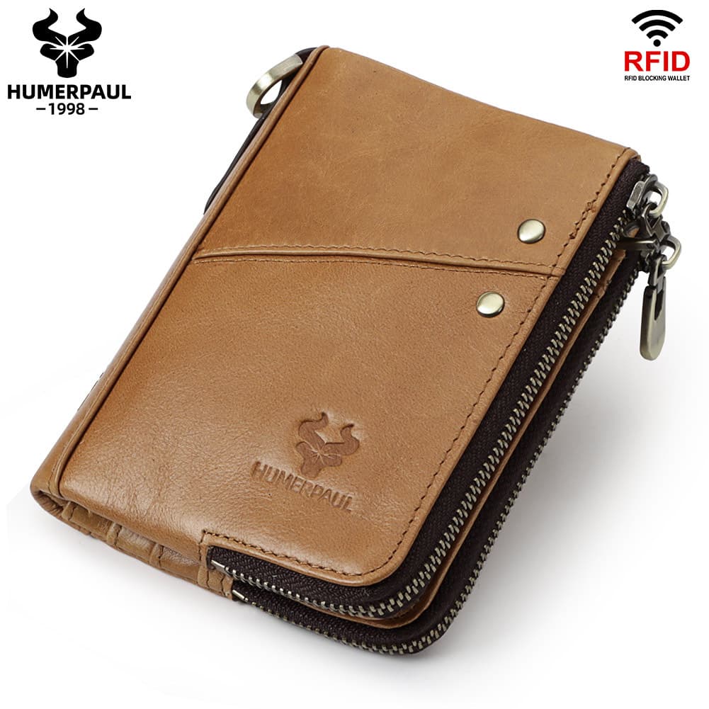 Genuine Leather Double Zipper Wallet - Light Brown RFID Blocking - 13 cm