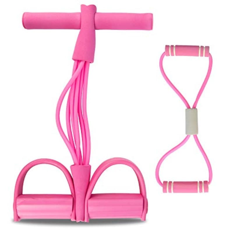2-Piece Upgraded 6-Tube Pedal Resistance Band & Figure 8 Pull Rope Set Pink