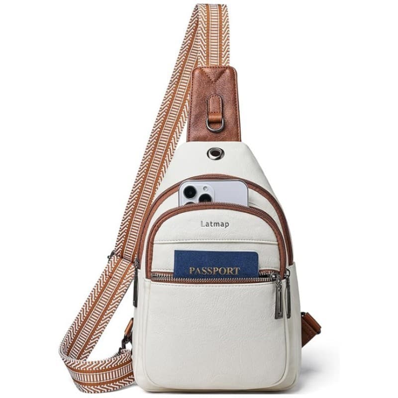 White Women's 3-Layer Zipped PU Chest Bag with Reversable Strap - Roomy But