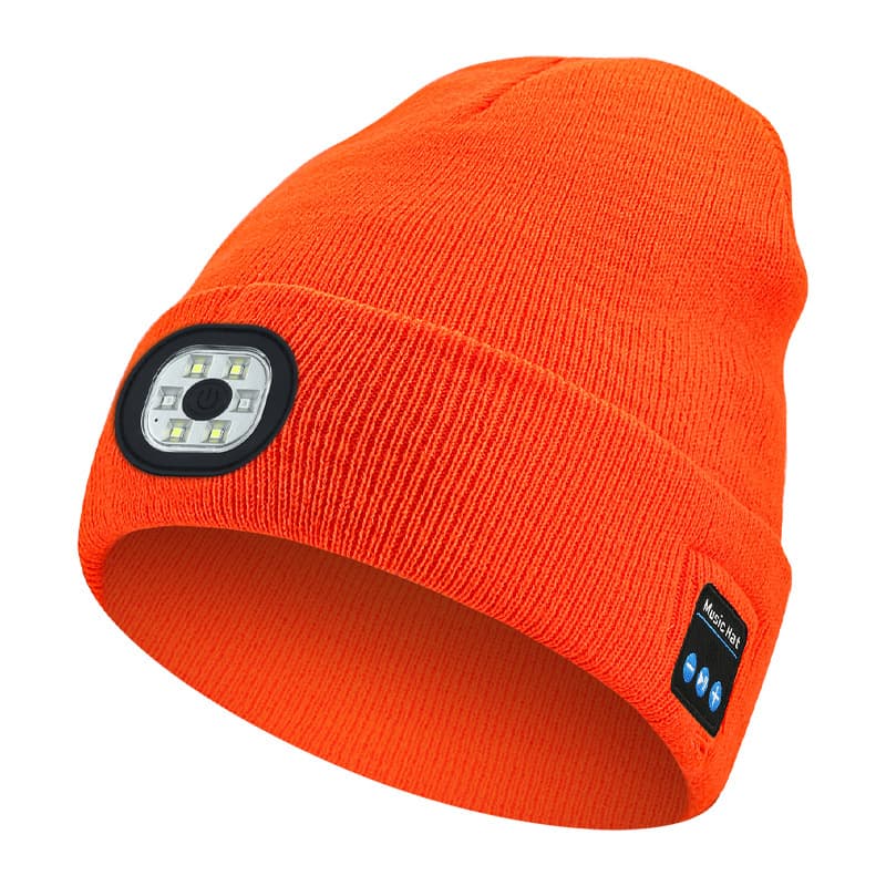 Orange Removable LED Bluetooth Headphone Beanie - Washable Knit Hat
