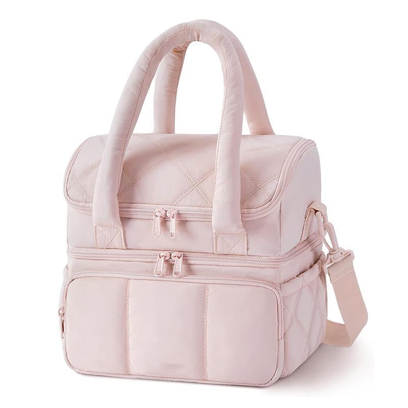 Pink Double-Layer Insulated Quilted Puffer Lunch Bag (10 x 7 x 10 inch)