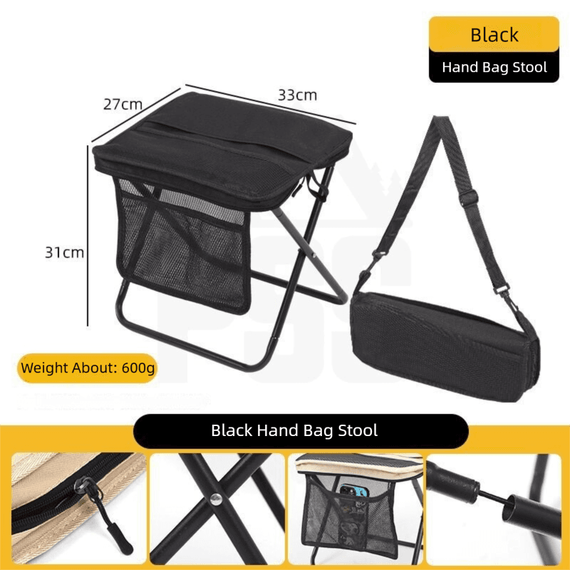 Black Foldable Compact Handbag With Stool - Ultralight Travel Seat