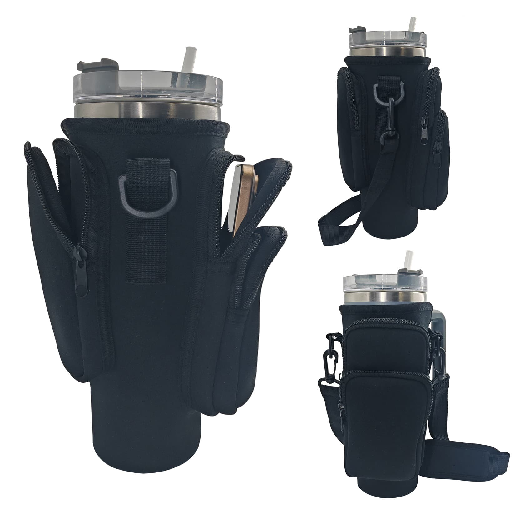 40oz Black Insulated Tumbler Carrier Sleeve with Adjustable Shoulder Strap