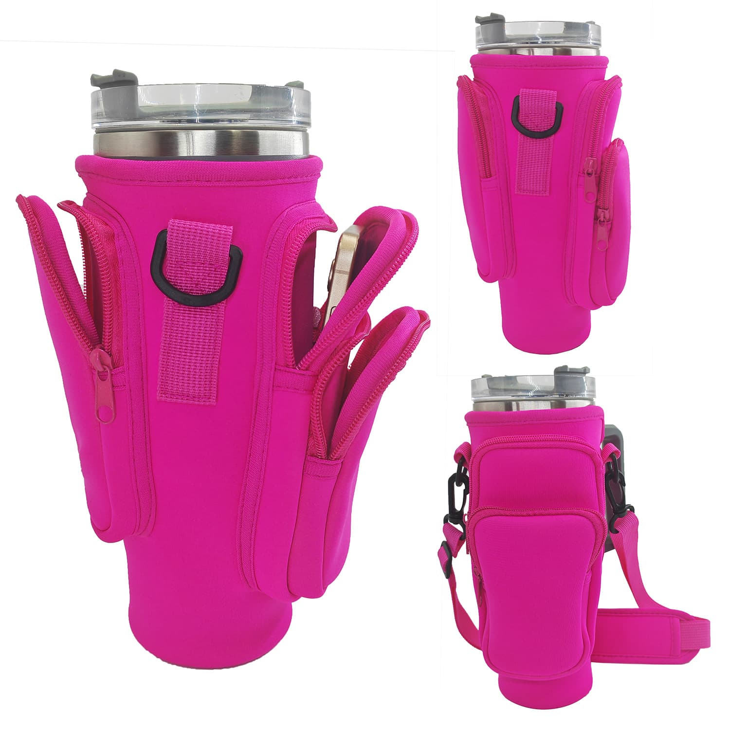 40oz Rose Red Insulated Tumbler Carrier Sleeve with Adjustable Shoulder
