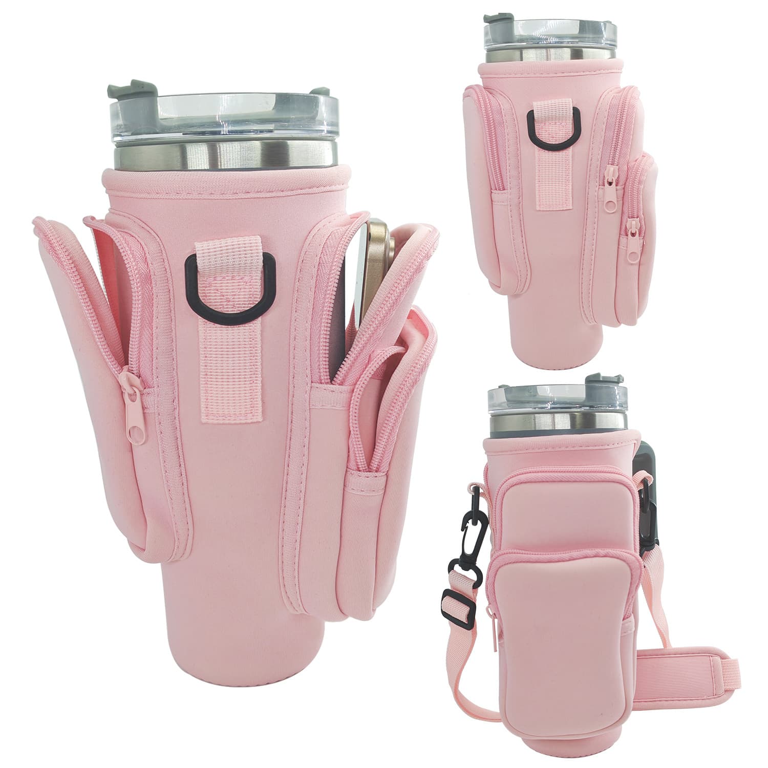 40oz Pink Insulated Tumbler Carrier Sleeve with Adjustable Shoulder Strap