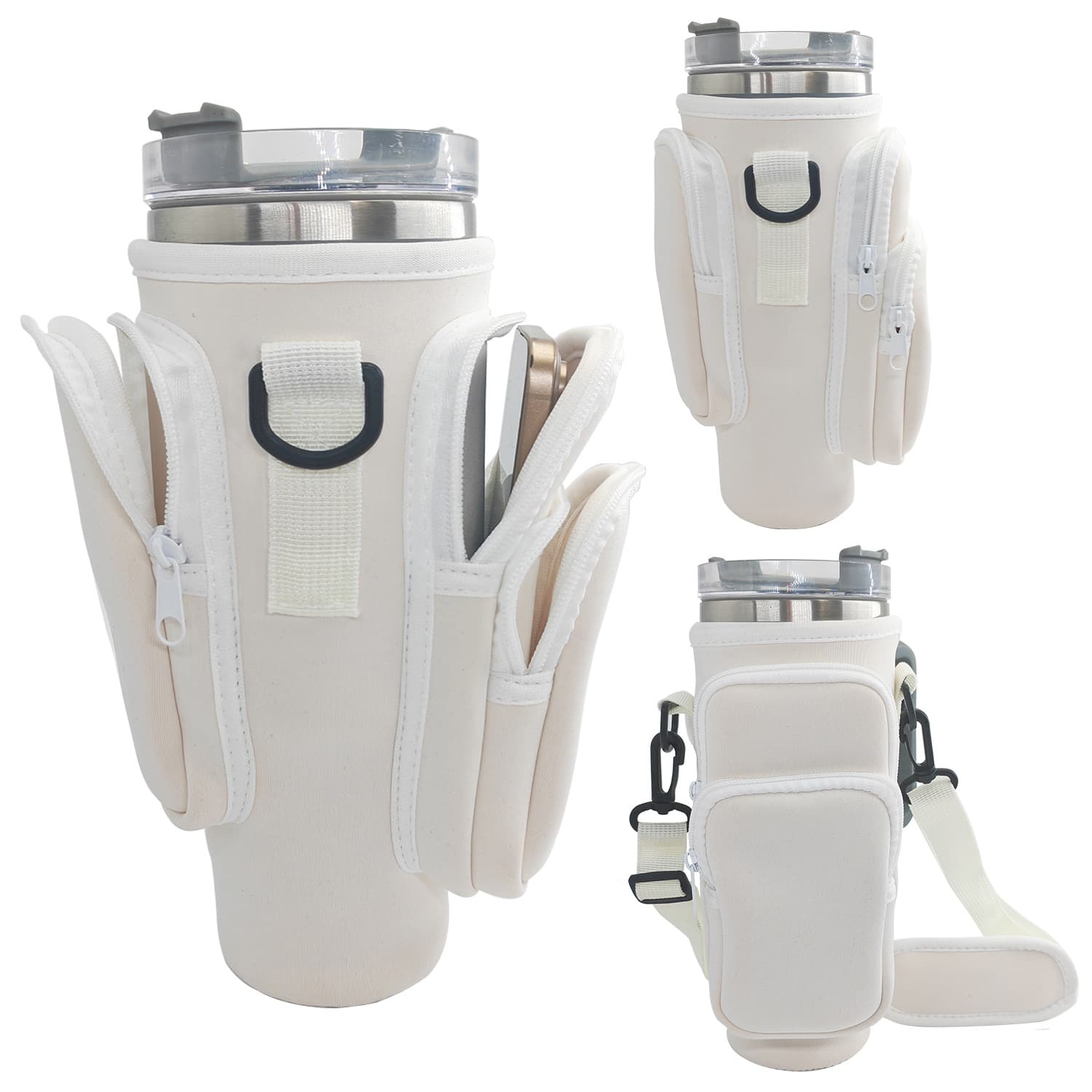 40oz Beige Insulated Tumbler Carrier Sleeve with Adjustable Shoulder Strap