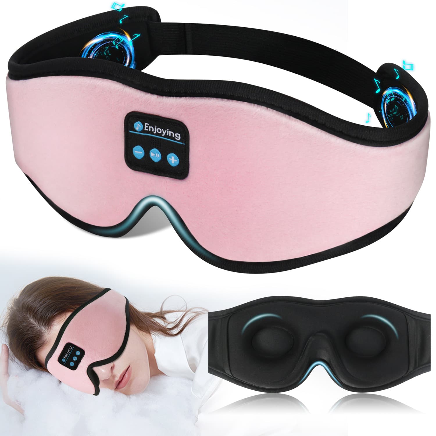 Pink 3D Wireless Bluetooth Sleep Mask with Integrated Stereo Headphones