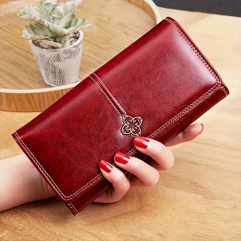 Red Women's Vintage Oil Wax Leather Long Wallet - Large Capacity Purse