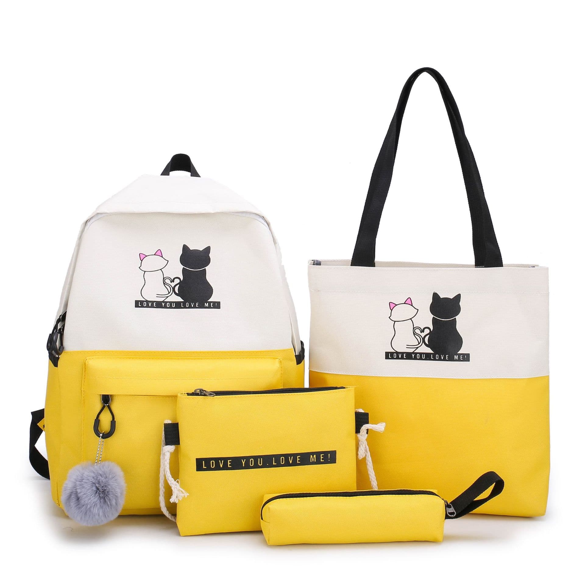 4-Piece Yellow Student Backpack Set with Cat Print - Canvas School Bag Combo
