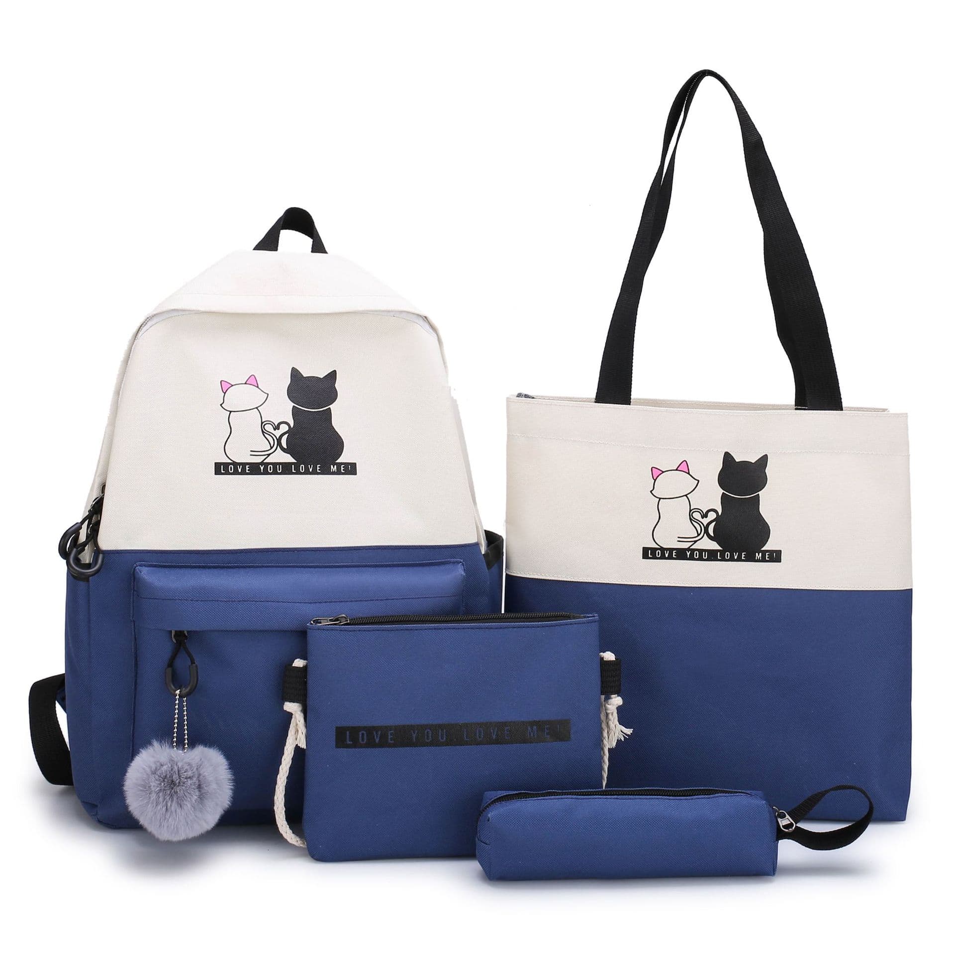 4-Piece Blue Student Backpack Set with Cat Print - Canvas School Bag Combo