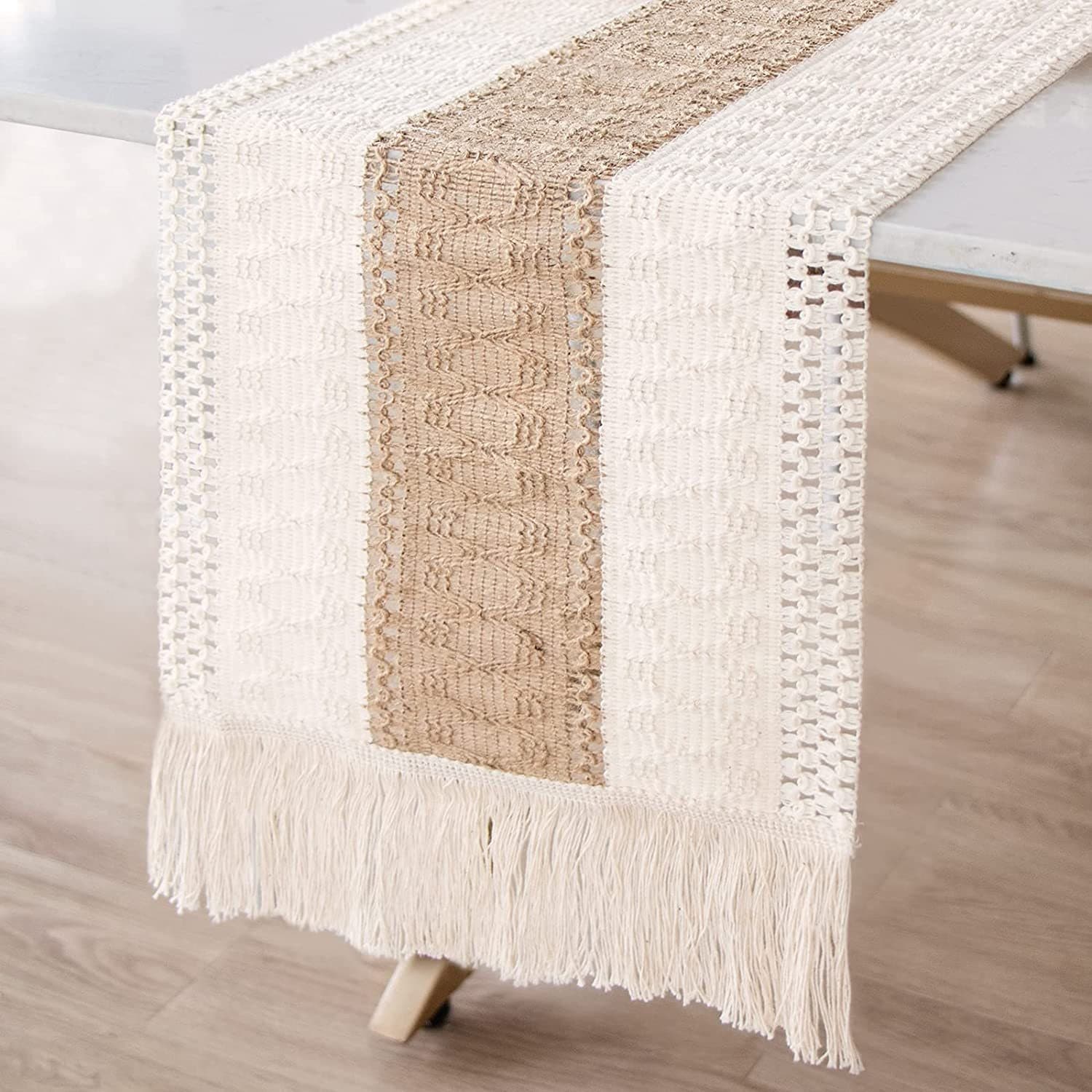 White-Brown Bohemian Woven Table Runner with Tassels (30 × 183 cm)