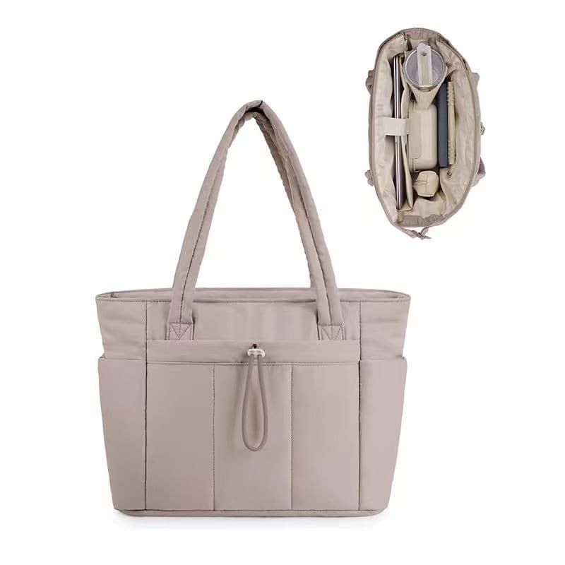 Khaki Quilted Puffer Nylon Tote/Laptop Bag for Women with Internal Cup