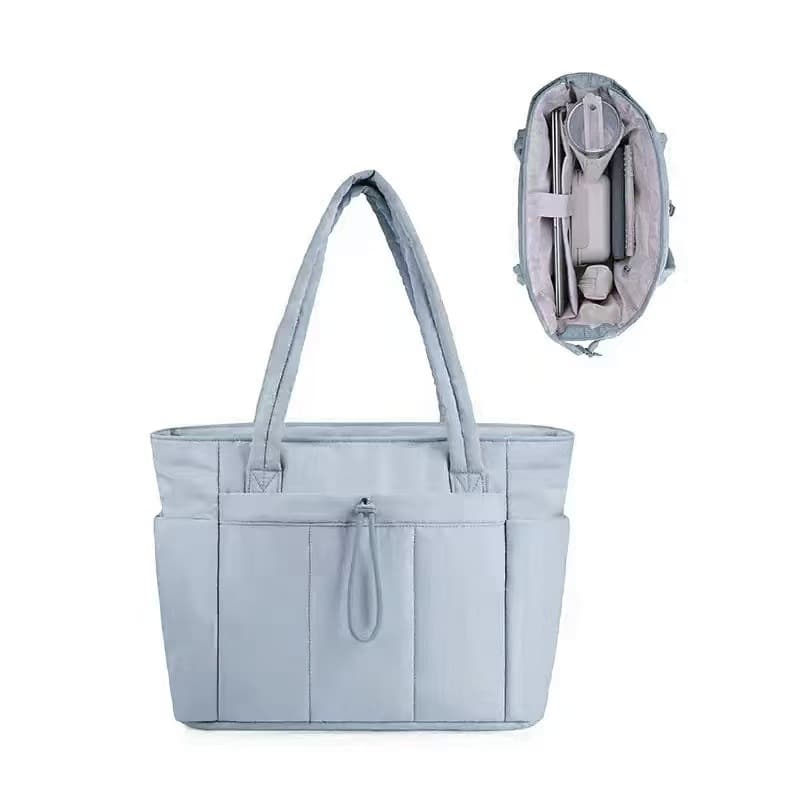 Blue Quilted Puffer Nylon Tote/Laptop Bag for Women with Internal Cup Holder