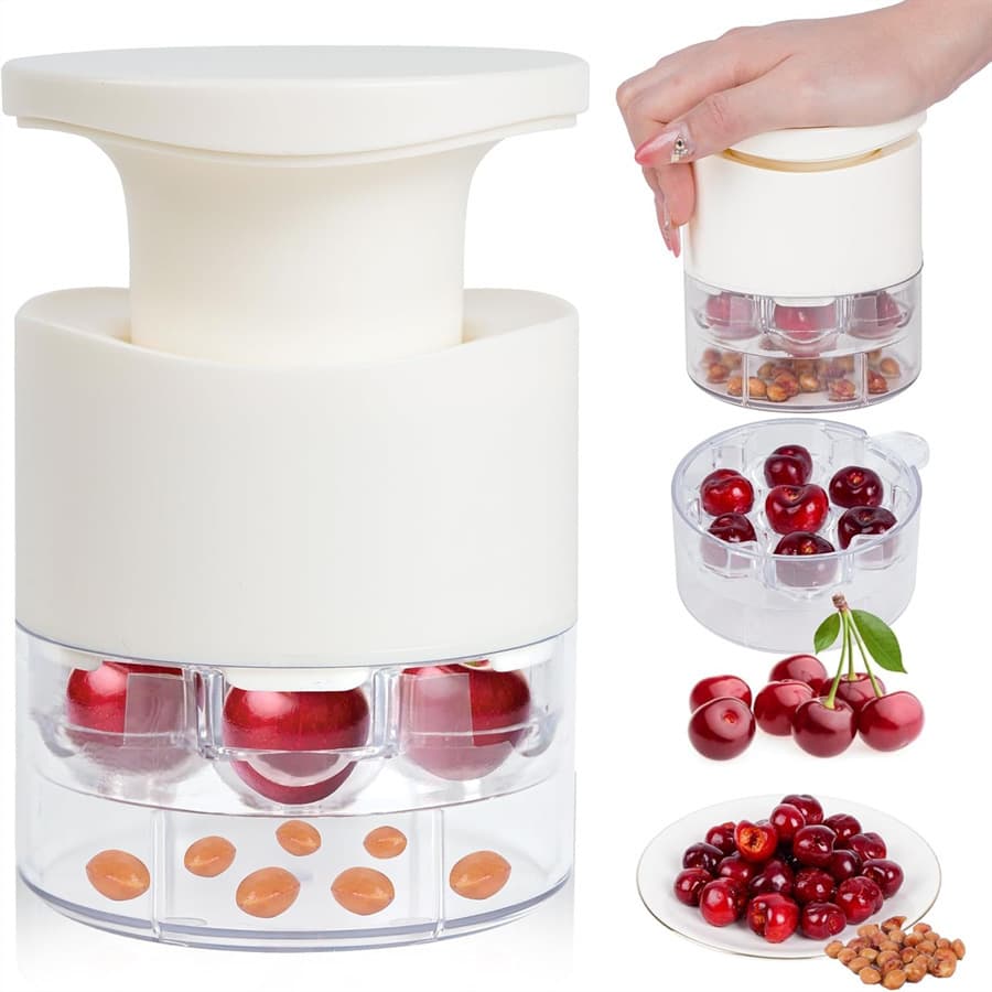 White Efficient 7-Hole Cherry Pitter Tool - Food Grade Push-Type Fruit Corer