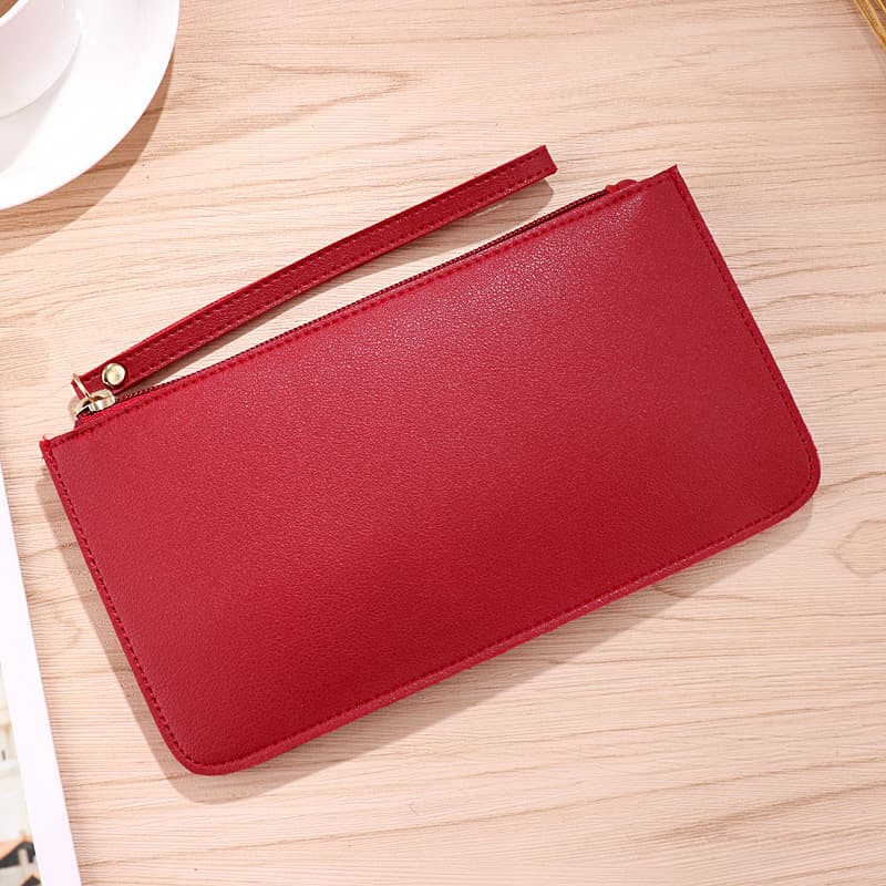 Red Women's Soft PU Leather Double-Layer Zip Wallet with Wrist Strap