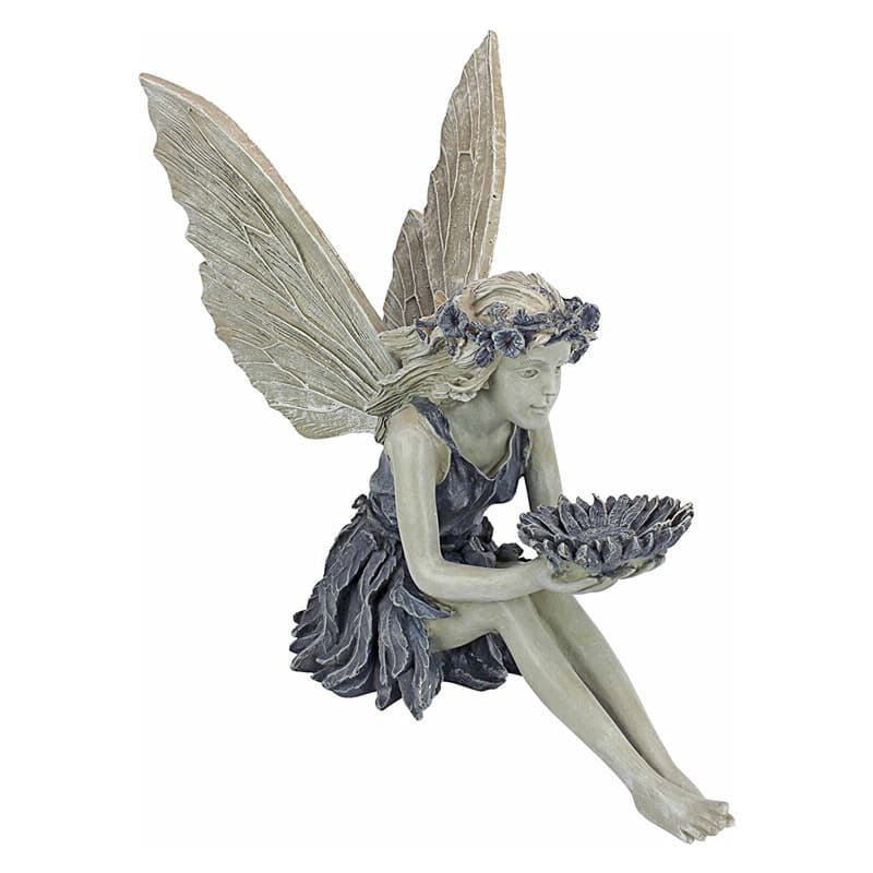 Resin Fairy Garden Statue with Sunflower Bowl Seated Design for Outdoor