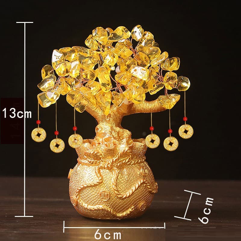 Yellow Handcrafted Crystal Tree Ornament - Resin Money Bag Base with Hanging