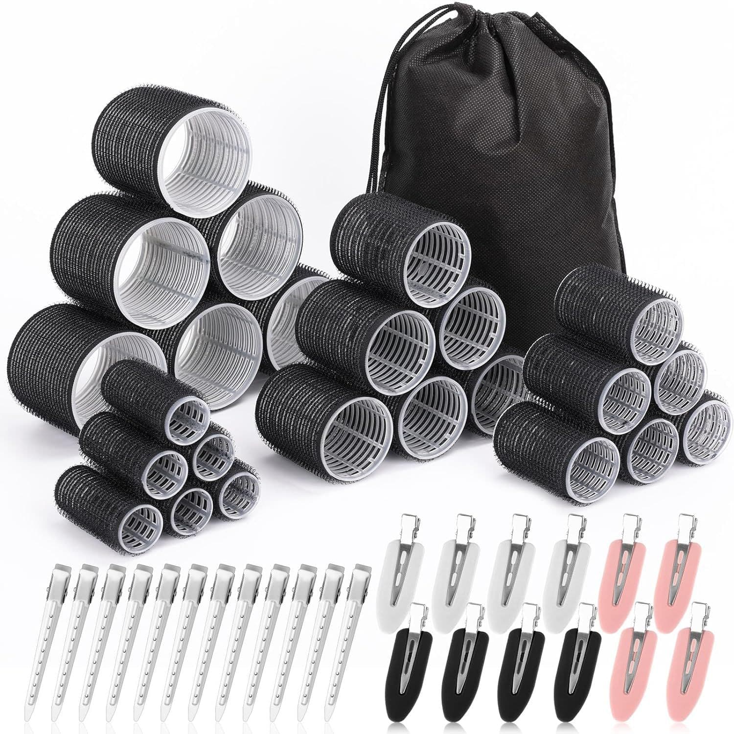 Black 49-Piece Pink Plastic Hair Rollers Set with Clips - Black 49 Hair