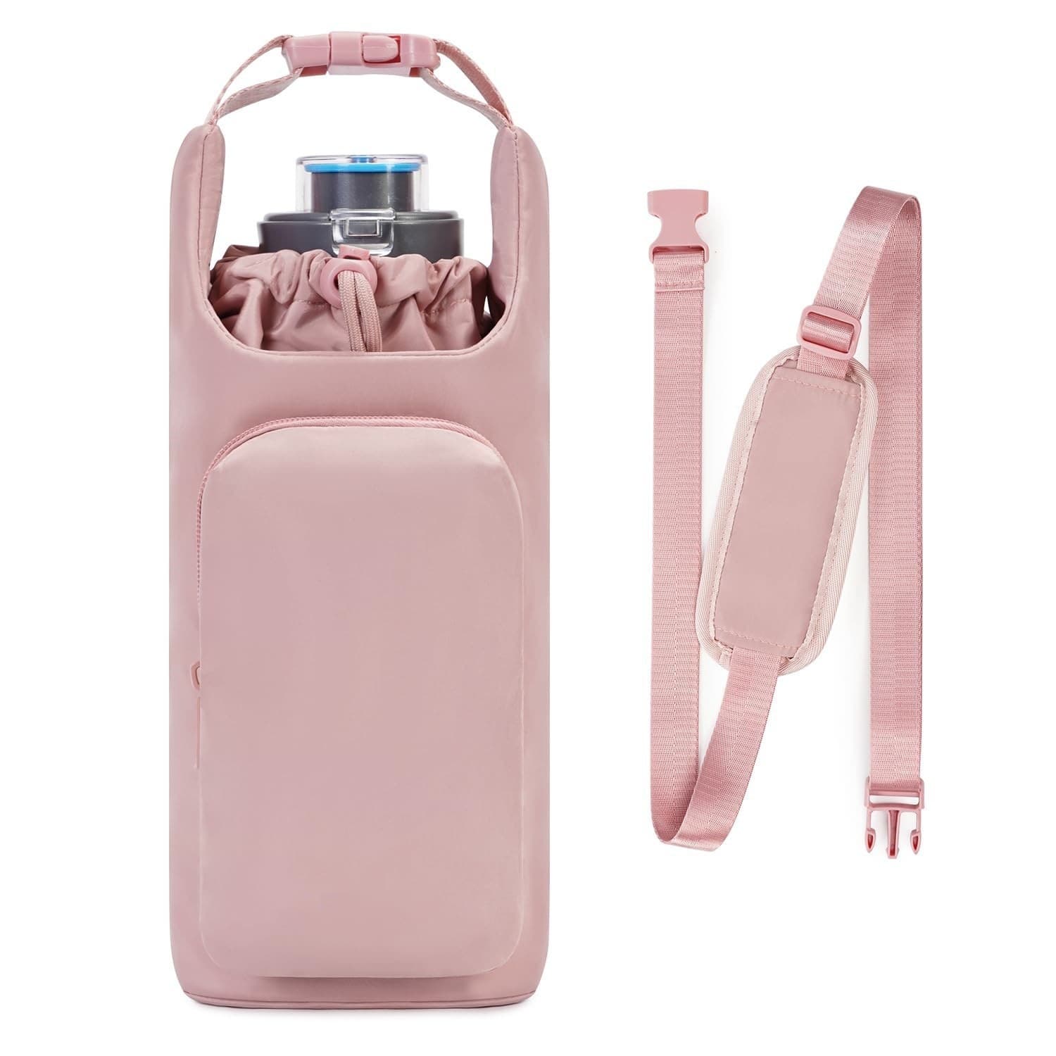 Pink Insulated Water Bottle Carrier with Shoulder Strap - Portable Sleeve