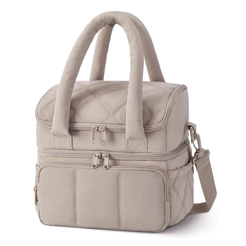 Camel Double-Layer Insulated Lunch Bag - Quilted Design with Top and Bottom