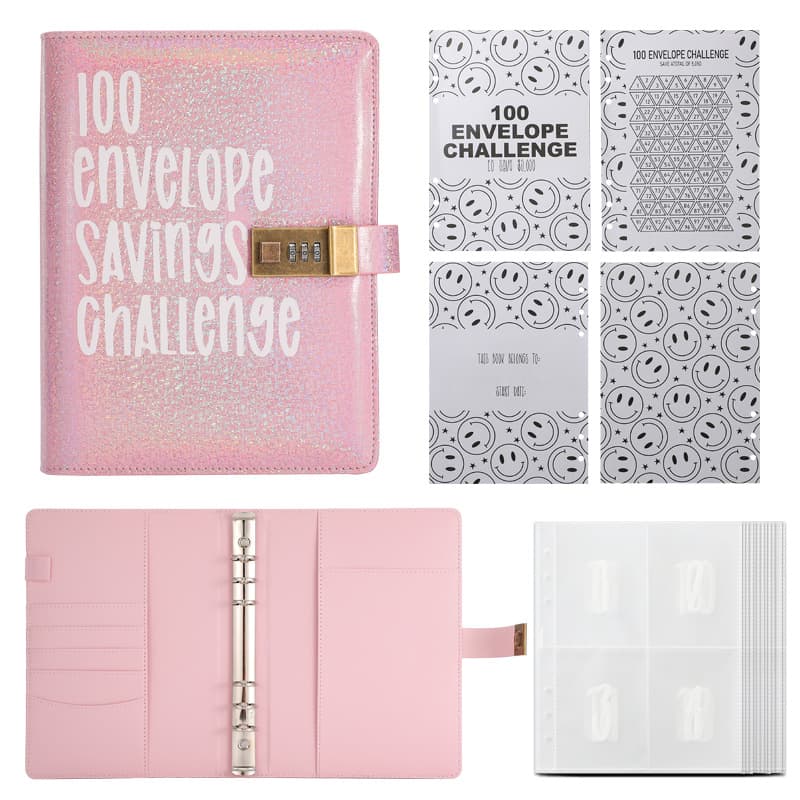 100 Envelope Savings Challenge Binder with Password Lock - Glitter Pink