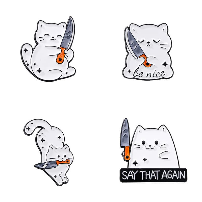 4-Piece Funny White Cat with Knife Enamel Pins Set Cartoon Lapel Badge