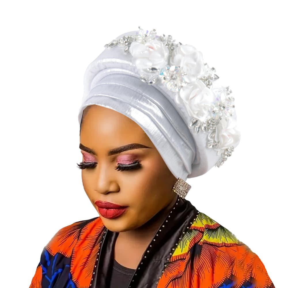 Women's Silver Turban Hat with Beaded - Silver Embellishments Headwrap