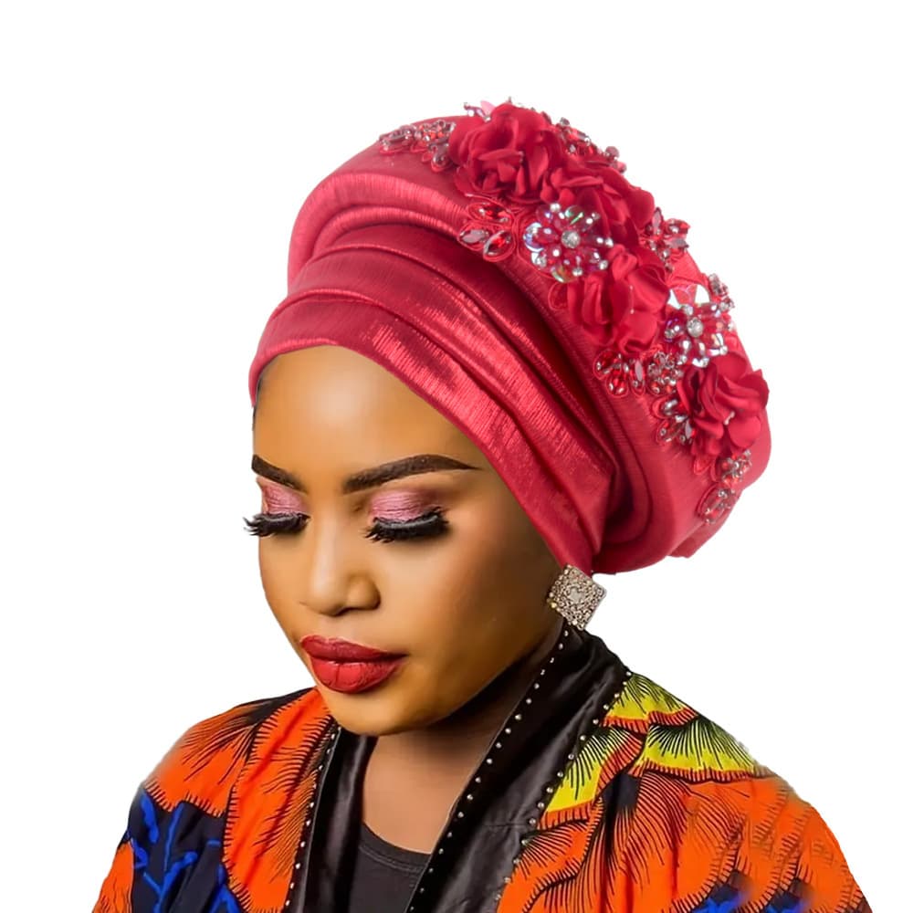 Women's Red Turban Hat with Beaded Floral Embellishments - Red Headwrap