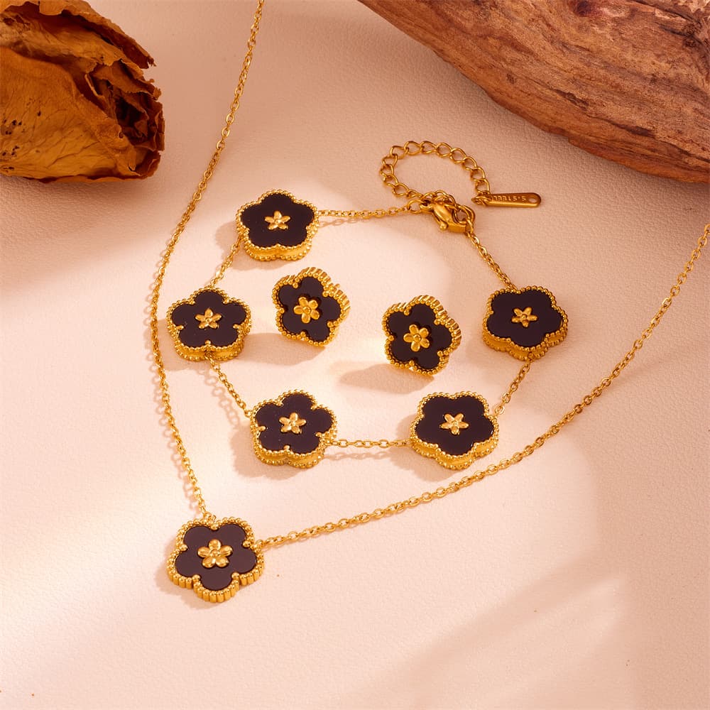 3-Piece Floral Jewellery Set (Black Shell Style) - Gold Plated Stainless