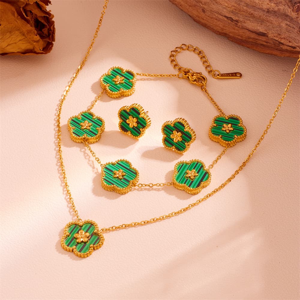3-Piece Floral Jewellery Set (Green Shell Style) - Gold Plated Stainless