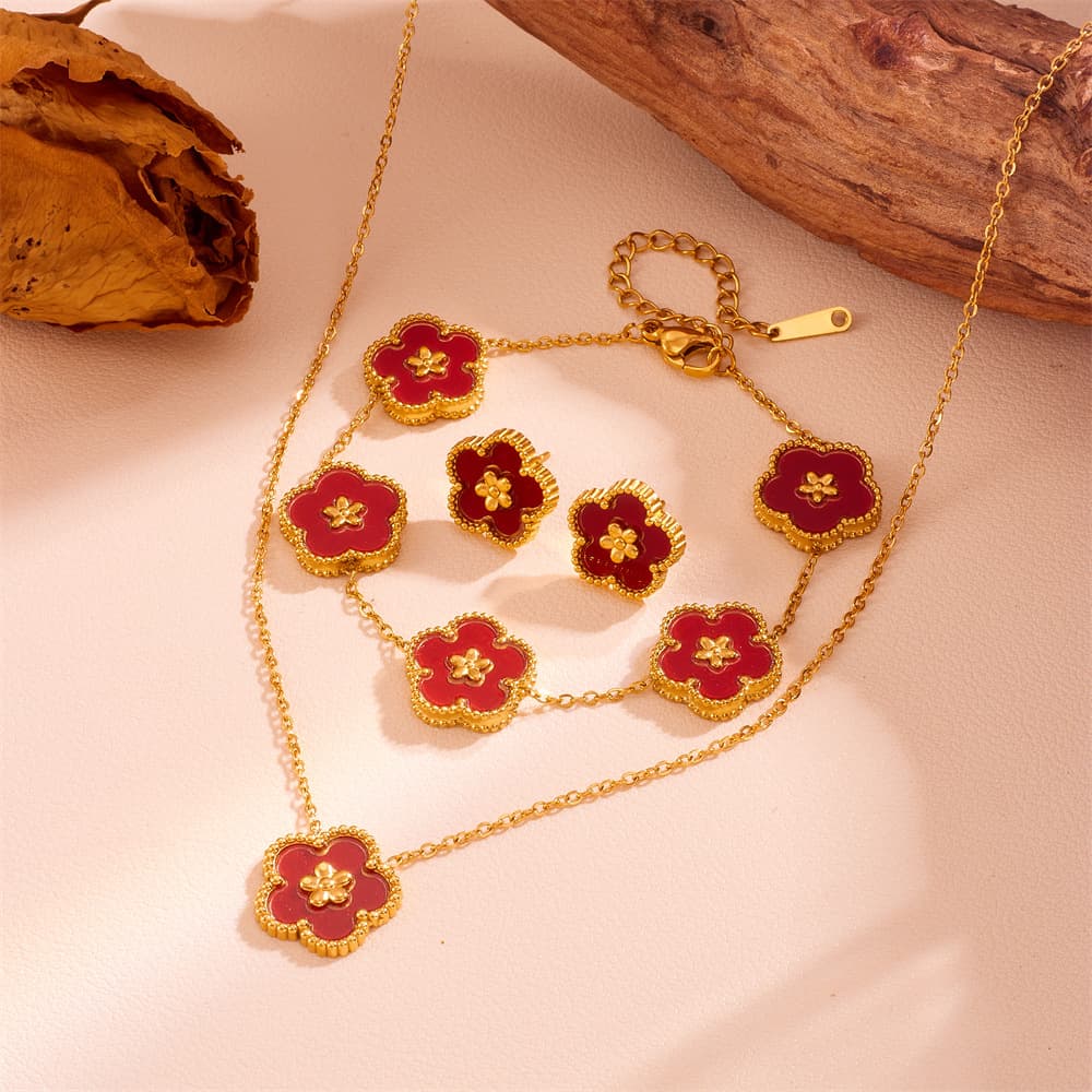 3-Piece Floral Jewellery Set (Red Shell Style) - Gold Plated Stainless Steel