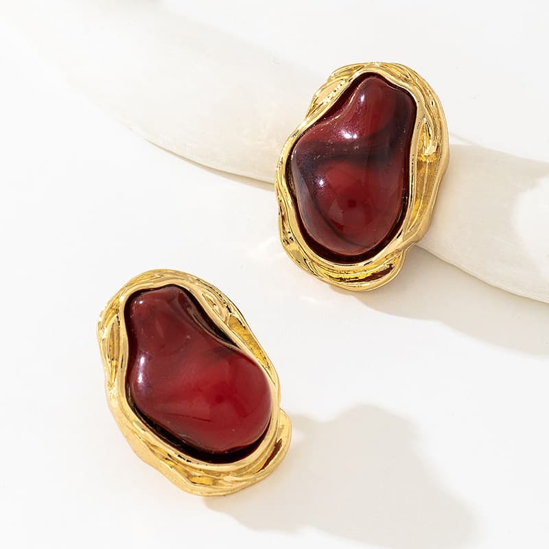 A Pair of Vintage Baroque Statement Earrings - Chunky Gold - Red Faux Stone