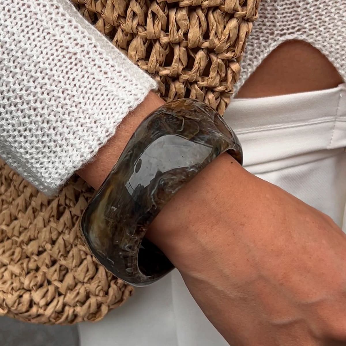 Chunky Resin Bangle Bracelet - Irregular Geometric Square - Coffee Brown