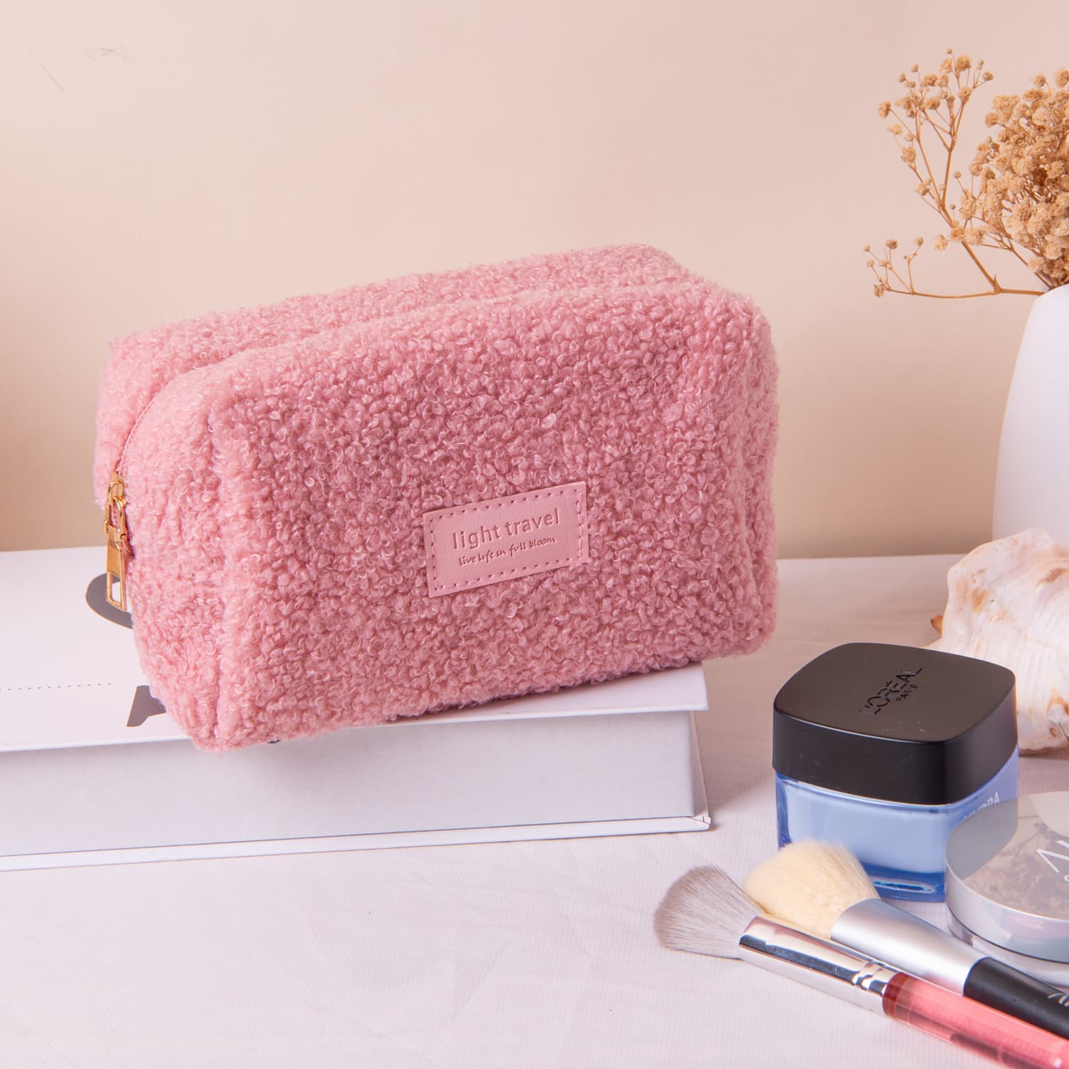 Small Pink Teddy Fleece Cosmetic Bag - Compact Soft Sherpa Makeup - 18 cm