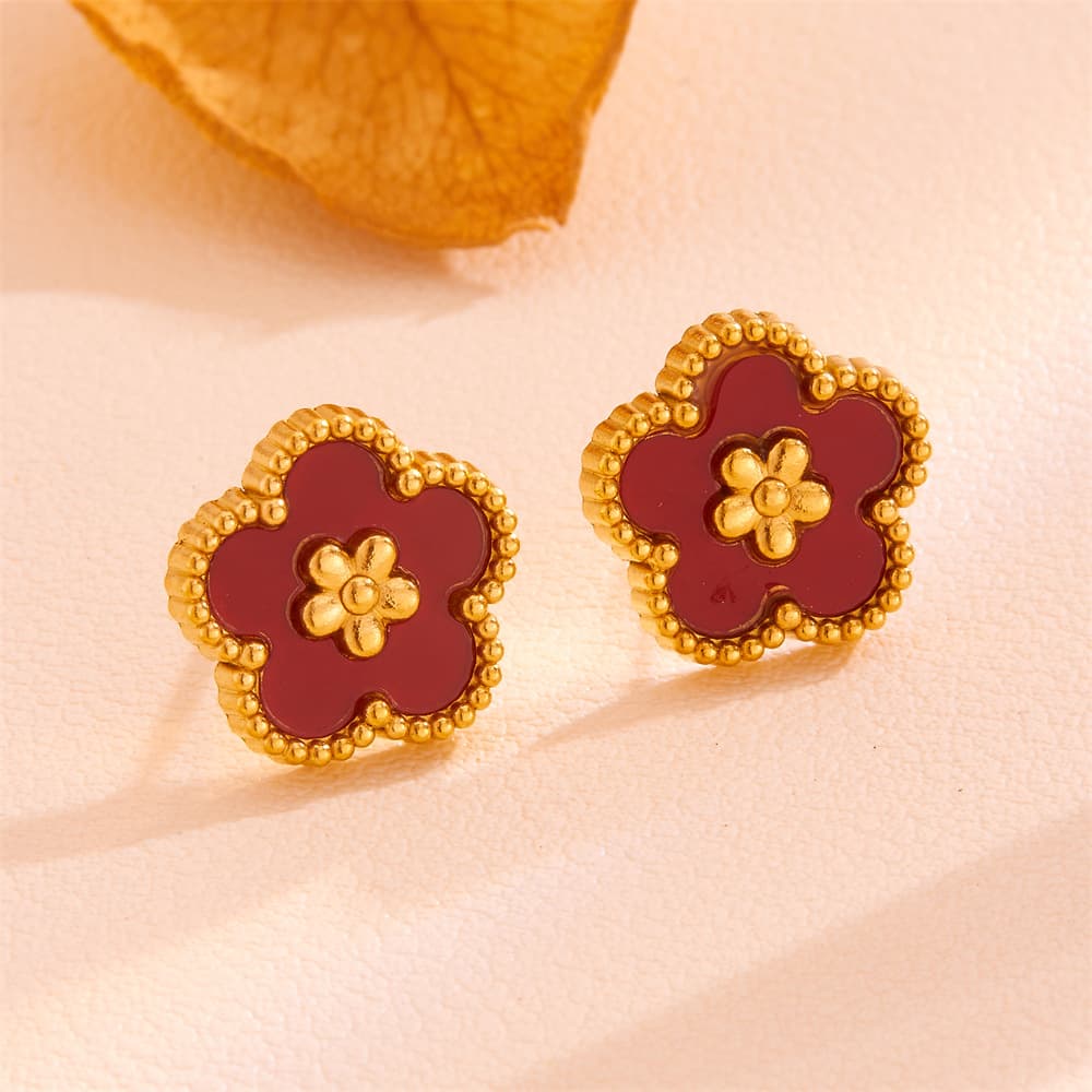 Red Shell Five-Petal Flower Stud Earrings - 18K Gold Plated Stainless - 13mm