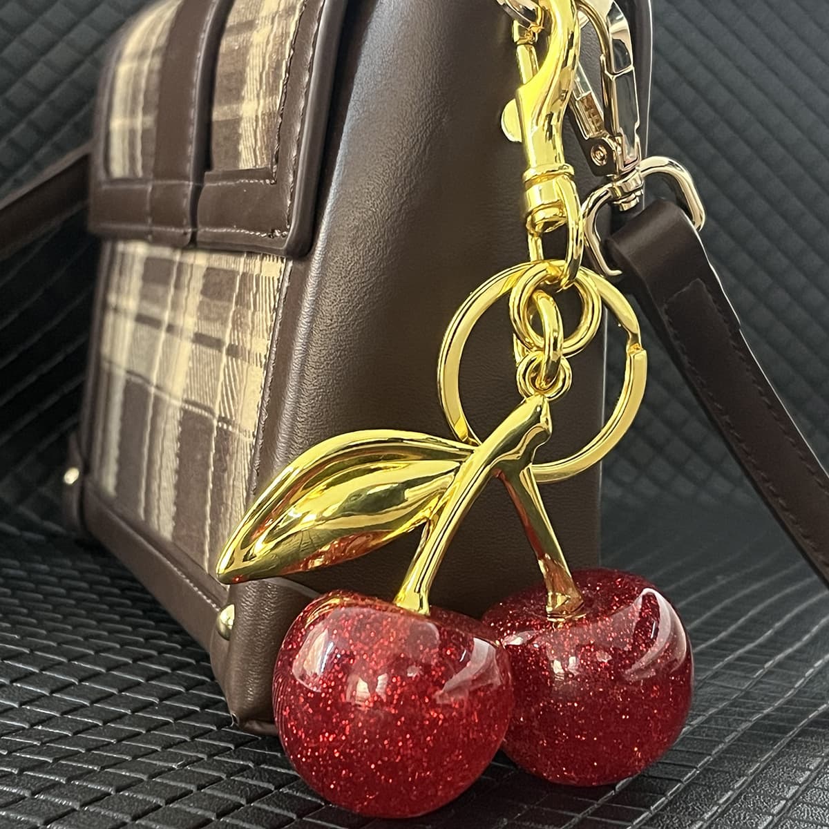 Sparkly Red Cherry Bag Charm Keychain - Gold Tone Metal Fruit - 11.5 cm
