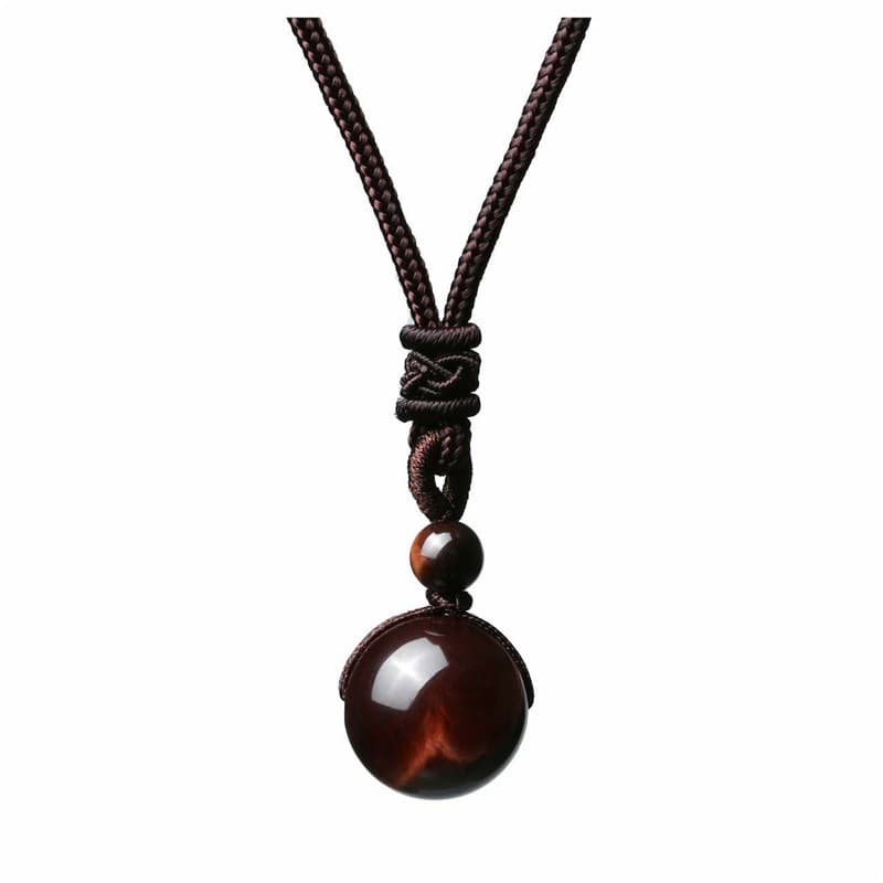 Natural Red Tiger Eye Necklace 10mm Round Stone Pendant Hand Braided Rope