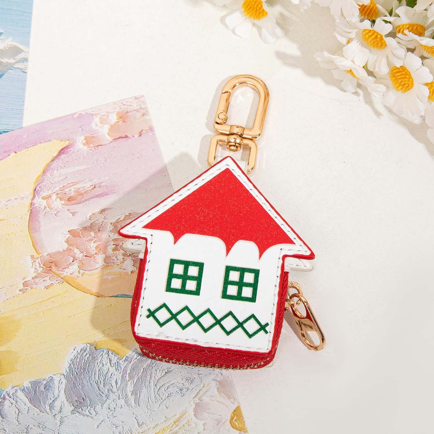 Christmas House Mini Pouch Keychain PU Leather Coin Purse Earbuds Case Bag