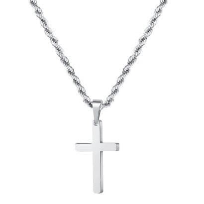 Silver Tone Cross Pendant Necklace Twisted Rope Chain 45 cm Unisex Fashion
