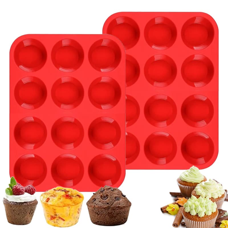 2-Piece Red Food Grade Silicone Cake Mould 12 Cup Round Cupcake - Red Trays