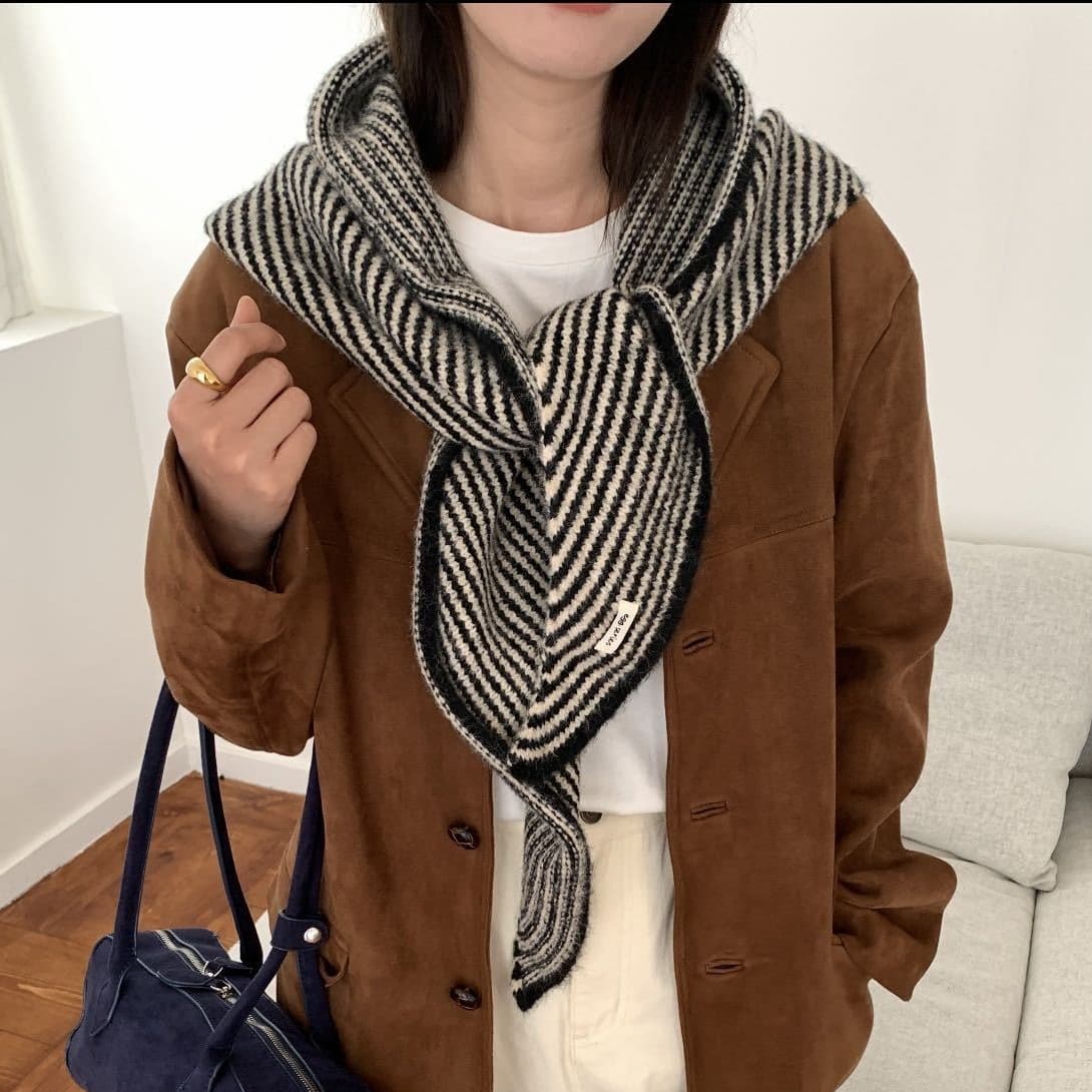 Striped Wool Blend Knitted Triangle Scarf - Soft Warm Shawl Neck Wrap