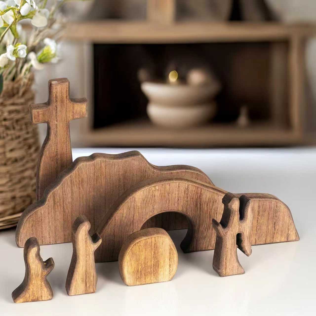 Easter Resurrection Scene Set Mini Wooden Figurine Ornament - Handcrafted